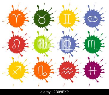 Set di vettore Zodiac segni colorate gocce di vernice. Segno Zodiac sulla illustrazione della vernice splash Illustrazione Vettoriale