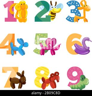 Compleanno anniversario numeri di cartoni animati con cute palloncino animali per compleanno baby partito, vettore modello per le carte di invito. Alloare gli animali con l'illustrazione di anniversario di compleanno Illustrazione Vettoriale