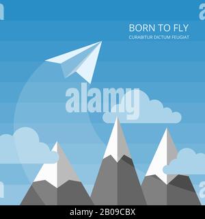 Sfondo vettoriale con aeroplani di carta. Carta aereo origami volare in cielo, illustrazione di carta aereo giocattolo in montagna Illustrazione Vettoriale