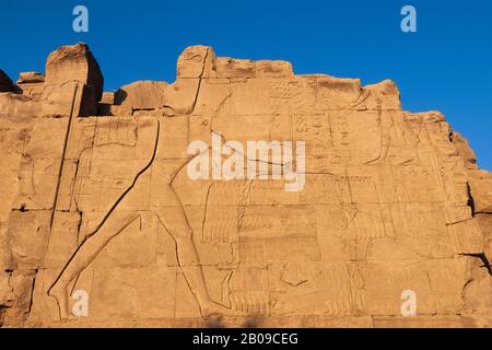 EGITTO, FIUME NILO, LUXOR, TEMPIO DI KARNAK, SETTIMO PILONE, SCULTURA IN RILIEVO Foto Stock