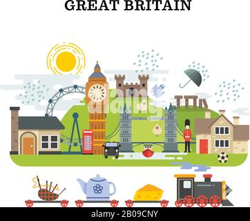 Gran bretagna e london Vector Viaggiare concetto. Banner turismo in inghilterra, poster con simbolo londra e inghilterra illustrazione Illustrazione Vettoriale