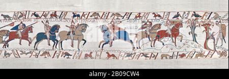 Bayeux Tapestry scena 49: Come egli avanza duca Guglielmo è detto dove l'esercito sassone è. BYX49 Foto Stock