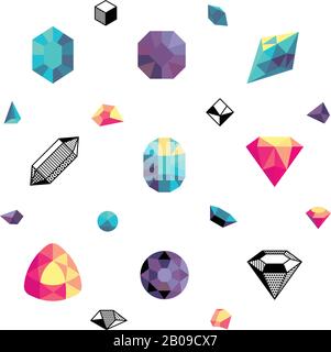 Cristalli colorati, forme di diamante, insieme vettoriale di pietre poligonali. Pietra cristallina e pietre preziose illustrazione Illustrazione Vettoriale