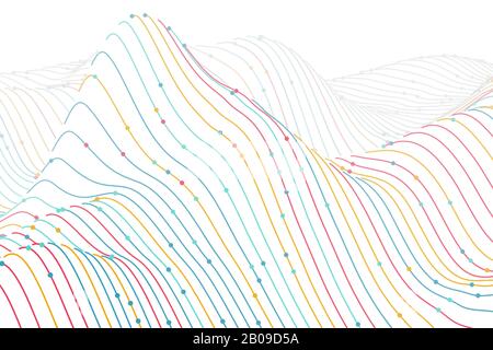 Paesaggio wireframe digitale a colori 3D su sfondo bianco. Illustrazione Vettoriale