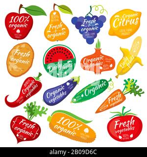 Silhouette colorate di frutta e verdura, logo per confezioni di alimentari. Verdure melanzane patate e cetrioli, raccolta di etichette vegetali illustrazione Illustrazione Vettoriale