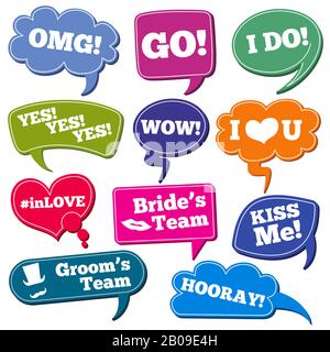 Frasi di matrimoni nel set di foto vettoriali Speech Bubbles. Bolle di linguaggio a colori con frasi per l'illustrazione di nozze Illustrazione Vettoriale