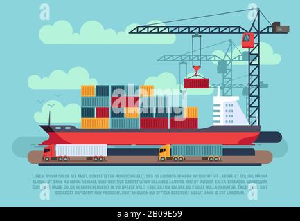 Trasporto cargo nave marittima caricamento container con gru portuale in porto vettore illustrazione. Nave in porto marittimo, nave da carico con container Illustrazione Vettoriale