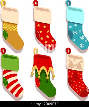 natale tradizionale, set vettore di stock variopinto di Natale. Calzini di Natale per regalo, calzino invernale per illustrazione di festa Illustrazione Vettoriale