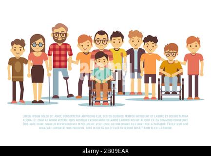 Bambini disabili, bambini handicappati, studenti diversi in carrozzina vettore set. Gruppo di disabili, illustrazione della tolleranza per le persone con disabilità Illustrazione Vettoriale