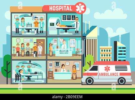 Ospedale, clinica medica, ambulanza con pazienti e medici sanità vettore piatto illustrazione. Sala operatoria in ospedale, sala d'attesa e operativa Illustrazione Vettoriale
