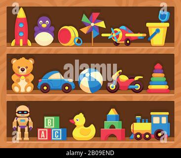 Giocattoli per bambini su scaffali di negozi di legno. Giocattoli in robot scaffale e moto, bambini giocattoli anatra e orsacchiotto illustrazione Illustrazione Vettoriale