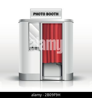 Distributore automatico a servizio rapido con foto, illustrazione vettoriale della cabina fotografica. Chiosco con tenda in velluto rosso Illustrazione Vettoriale