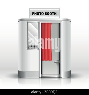 Cabina con cabina per foto, chiosco digitale per foto di passaporto, illustrazione di un vettore fotografico per matrimoni in famiglia. PhotoBooth Kiosk fotografia automatica Illustrazione Vettoriale