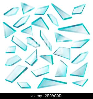Frammenti di vetro isolati su set di vettori bianchi. Trasparente di vetro a frammenti appuntiti, illustrazione di vetro a forma spezzata Illustrazione Vettoriale