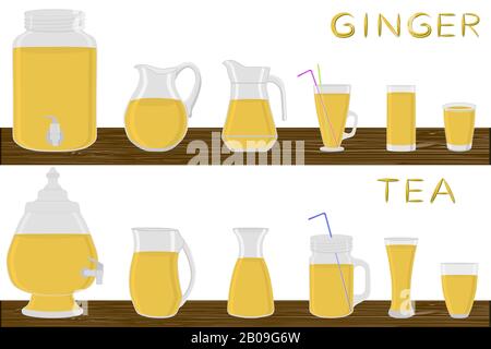 Grande kit diversi tipi di vetreria, tè zenzero in tazze di varie dimensioni. Vetreria composta da tazze in plastica organica per tè allo zenzero fluido. Brocche di luce Illustrazione Vettoriale