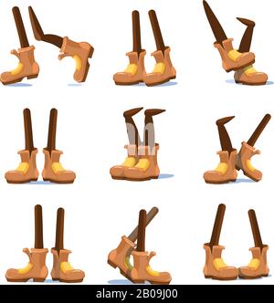 Cartoon camminare, correre, piedi personaggi gambe con piedi in scarpe vettore set. Piede comico in scarpe, illustrazione del piede cartone animato in stivali Illustrazione Vettoriale