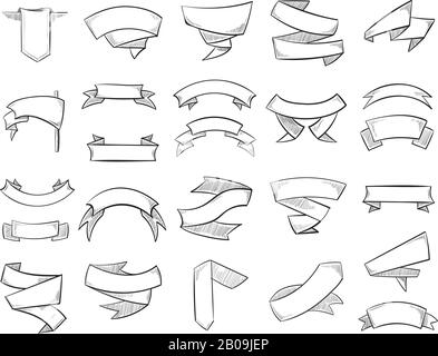 Doodle matita disegno vettore striscioni e nastri. Disegno di schizzo nastro di scorrimento, illustrazione dei banner dei nastri di turbolenza Illustrazione Vettoriale