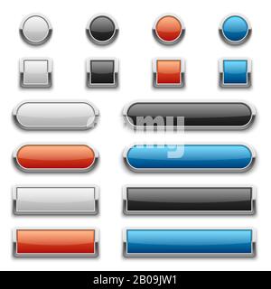 Pulsanti Vector rosso, blu, nero e bianco lucidi con cornice in metallo lucido. Immagine del pulsante in metallo del design, set di pulsanti lucidi per la progettazione del Web Illustrazione Vettoriale