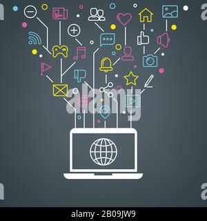 Social media network community, business Connection Technology vector concetto. Laptop con accesso al social network, illustrazione delle icone web di raccolta per i social media Illustrazione Vettoriale