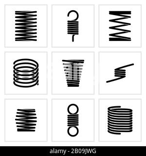 Cavi in acciaio bobine a spirale flessibili icone vettoriali a molla. Molla flessibile del set, illustrazione della molla in acciaio dalla silhouette nera Illustrazione Vettoriale