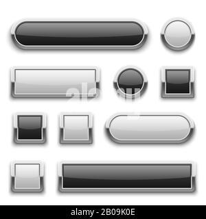 Pulsanti con tecnologia 3d bianco e nero con cornice in metallo cromato argento lucido. Set vettoriale. Modello di pulsanti vuoti, illustrazione del pulsante del telaio in metallo per la progettazione del nastro Illustrazione Vettoriale