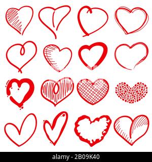 Forme di cuore disegnate a mano, romanticismo amore doodle segni vettoriali per le decorazioni di festa. Cuori rossi di schizzo, illustrazione del cuore di amore di decorazione Illustrazione Vettoriale