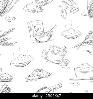 Cereali e cereali da agricoltura biologica, frumento e orzo, segale o avena, vettore di riso senza cuciture. Contesto con cereali doodle, illustrazione di cereali agricoli Illustrazione Vettoriale