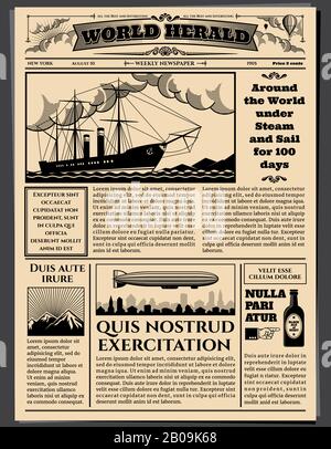 Retro business quotidiano, vecchi fogli sporchi carta da giornale vettore mockup. Retro giornale con notizie, illustrazione delle principali notizie tabloid Illustrazione Vettoriale