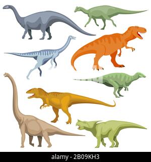 Dinosauro cartoni animati, vettore rettili. Set di dinosauro cartoon a colori, illustrazione di dinosauro predatore preistorico Illustrazione Vettoriale