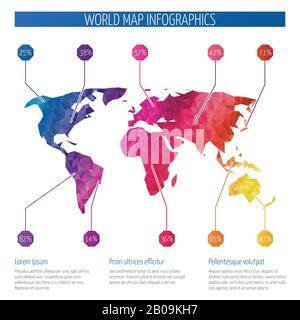 Mappa del mondo Origami, infografica vettoriale di mappe terrestri poligonali. Illustrazione grafica della mappa triangolare Illustrazione Vettoriale