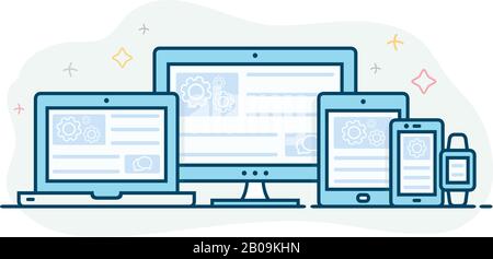 Web design reattivo. La landing page è aperta su diversi dispositivi: Notebook, computer, tablet, smartphone e smart watch. Illustrazione Vettoriale