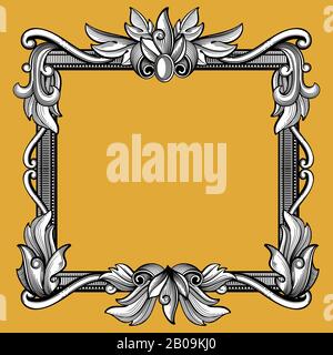 Decorazione vittoriana, arte barocca vintage con cornice vettoriale incisa. Decorazione antica cornice per immagine o menu, illustrazione di cornice floreale barocco Illustrazione Vettoriale