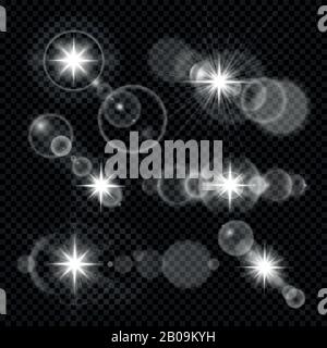 Set di effetti vettoriali per luce solare flare lente. Lente brillante con glitter, illustrazione della lente brillante con luce brillante Illustrazione Vettoriale