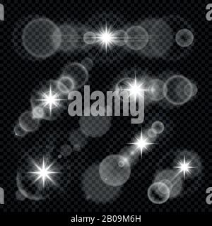 La lente della telecamera illumina le luci a stella e il set vettore di bagliore. Luci lente isolate su sfondo a scacchi, illustrazione della luce lente luminosa Illustrazione Vettoriale