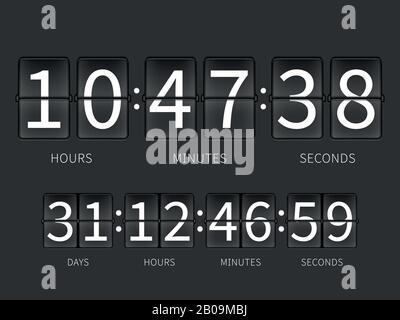 Timer conto alla rovescia, orario. Pannello Vector Time per l'aeroporto, illustrazione del flip timer con giorni e ore Illustrazione Vettoriale