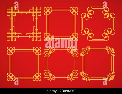 Set di cornici vettoriali quadrate asiatiche retrò. Cornice dorata su sfondo rosso Illustrazione Vettoriale