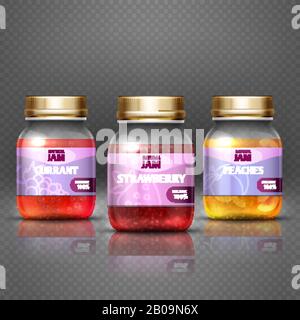 Closeup vaso di vetro con marmellata, marmellata con etichetta e badge disegno vettore illustrazione. Conservazione confettura di frutta ribes e pesche, confettura biologica dolce Illustrazione Vettoriale