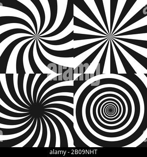 Spirale psichedelica con raggi radiali, twirl, effetto comico twisted, sfondi vortex - set vettoriale. Vortice psichedelico spirale bianca nera, effetto di vortice radiale ipnotico Illustrazione Vettoriale