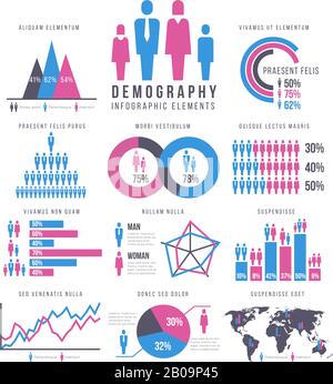 Persone, adulti e bambini, umani, persone, infografiche familiari segni e grafici vettoriali. Rapporto di Infograph circa la popolazione, grafico di visualizzazione illustrazione della popolazione umana Illustrazione Vettoriale