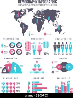 Flusso di lavoro, lavoro di squadra, persone creative, modello infografico per il business dei vettori di popolazione. Informazioni infografiche demografiche, illustrazione della presentazione dei dati demografici Illustrazione Vettoriale