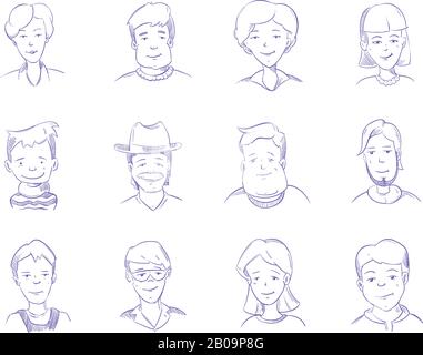 Personaggi disegnati a mano, ritratto, avatar schizzo vettoriale. Collezione di disegno doodle ritratto uomo e donna, illustrazione di penna dipinta ritratto Illustrazione Vettoriale