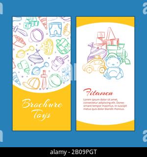 Pagine di brochure Vector per bambini con giocattoli doodle per bambini. Brochure giocattoli, illustrazione di un opuscolo con giocattoli peluche e auto Illustrazione Vettoriale