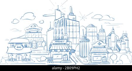 Paesaggio urbano con edifici moderni disegno a matita, disegnato a mano, illustrazione vettoriale doodle. Facciata del supermercato negozio città, contorno quartiere con facciata ristorante e farmacia Illustrazione Vettoriale