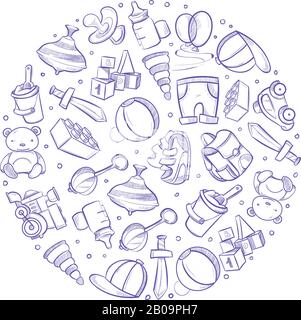 Doodle baby giocattoli icone vettoriali in cerchio design. Schizzo di peluche e secchio per giocattoli per bambini, illustrazione di sneakers sketch e costruttore Illustrazione Vettoriale