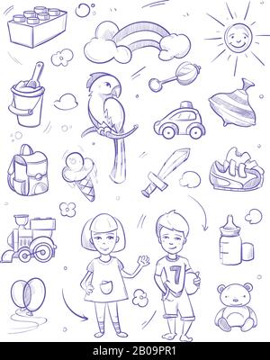 Bambini sogni vettore sfondo con ragazzo, ragazza, animali domestici, giocattoli e bambini altri oggetti. Schizzo di gelato e peluche, illustrazione disegno abbozzare i bambini spada e costruttore Illustrazione Vettoriale