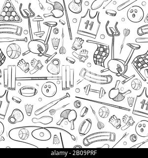 Sport e fitness doodle, disegnato a mano senza cuciture vettore sano fondo. Modello senza cuciture con elementi sportivi, illustrazione di attrezzature sportive Illustrazione Vettoriale