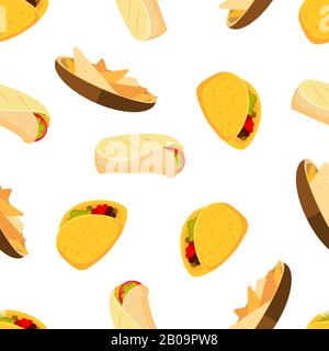 Cibo messicano tacos burrito e nachos vettore senza soluzione di continuità sfondo. Pattern con cartone animato messicano nacho burrito e taco, illustrazione di sfondo messicano con cibo gustoso Illustrazione Vettoriale