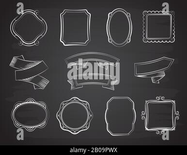 Lavagna vintage striscioni a nastro disegnati a mano, cornici per immagini ed etichette sul set vettoriale di lavagna nera. Disegno di nastri di schizzo e cornice per l'illustrazione delle immagini Illustrazione Vettoriale