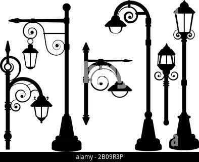 Lampada stradale, luci stradali sagome vettoriali. Lampada urbana Street, illustrazione di palo con lanterna lampada Illustrazione Vettoriale