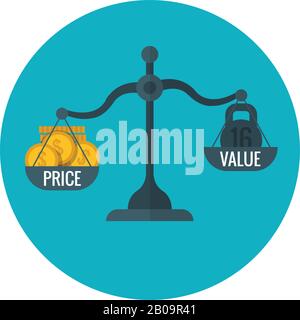 Misurazione commerciale di prezzo e valore su scala, determinazione dei prezzi per il concetto di vettore di profitto. Confrontare prezzo e valore su scala, illustrazione della misurazione della scala finanziaria Illustrazione Vettoriale